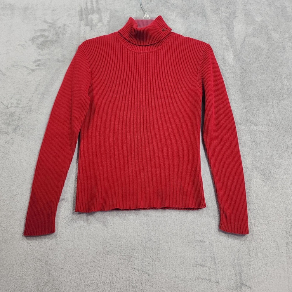 Vintage Lauren Ralph Lauren Sweater Womens P/S Petite Red Ribbed Turtleneck Logo